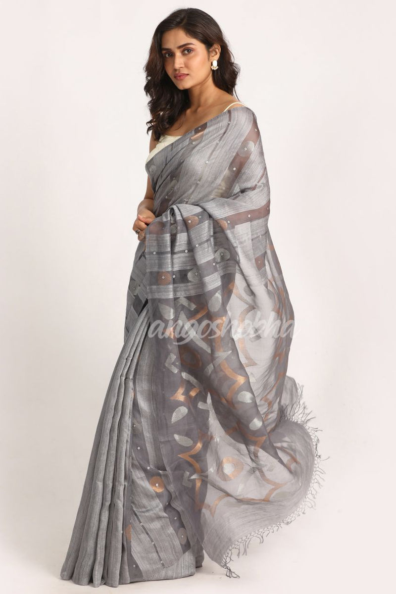 Silver Blue Matka Silk Handloom Traditional Sequin Jamdani Saree