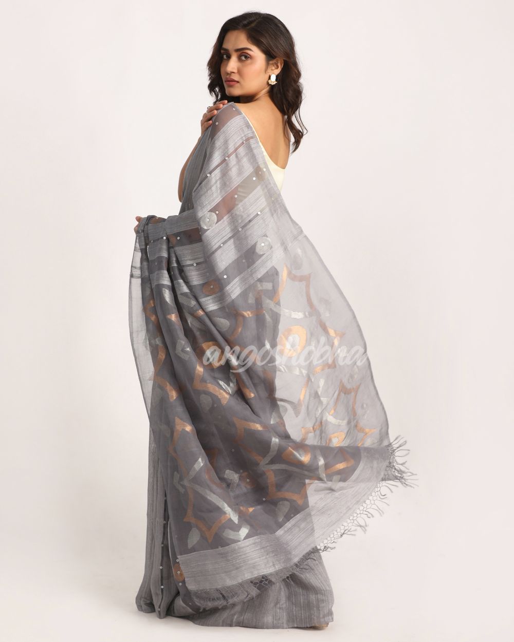 Silver Blue Matka Silk Handloom Traditional Sequin Jamdani Saree angoshobha