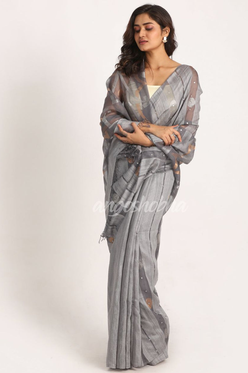 Silver Blue Matka Silk Handloom Traditional Sequin Jamdani Saree