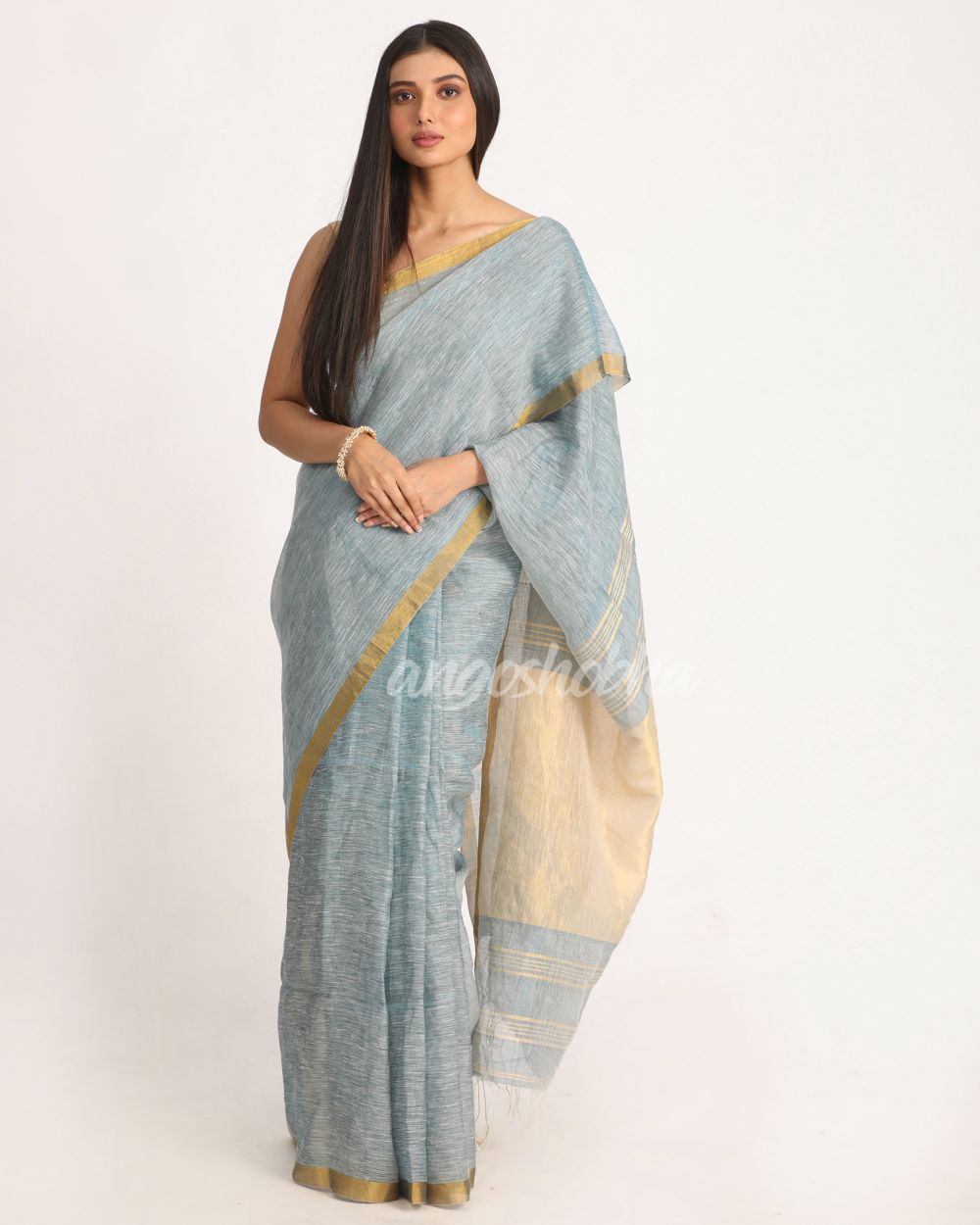 Silver Blue Traditional Handloom Tissue Linen Saree angoshobha
