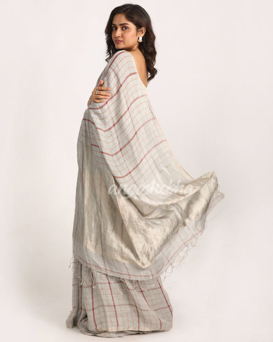 Silver Grey Traditional Handloom Check Linen Saree angoshobha