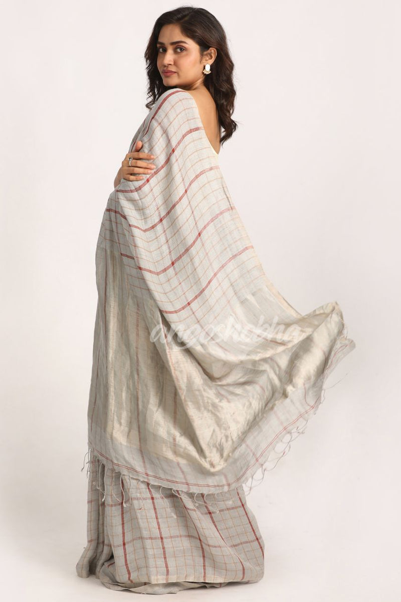 Silver Grey Traditional Handloom Check Linen Saree