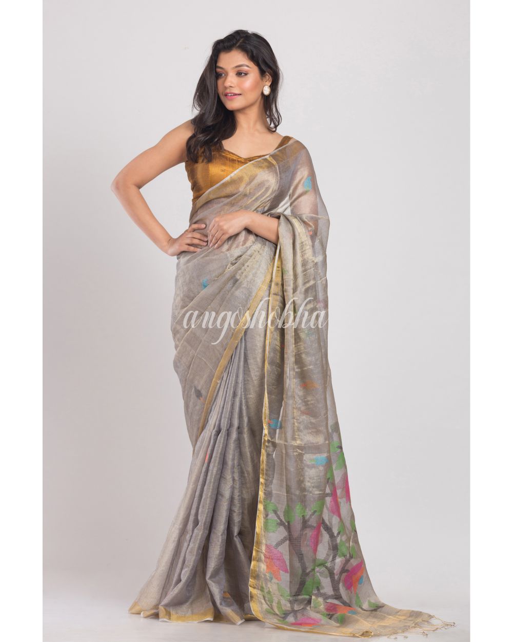 Silver Grey Tussar Silk Jamdani Saree angoshobha