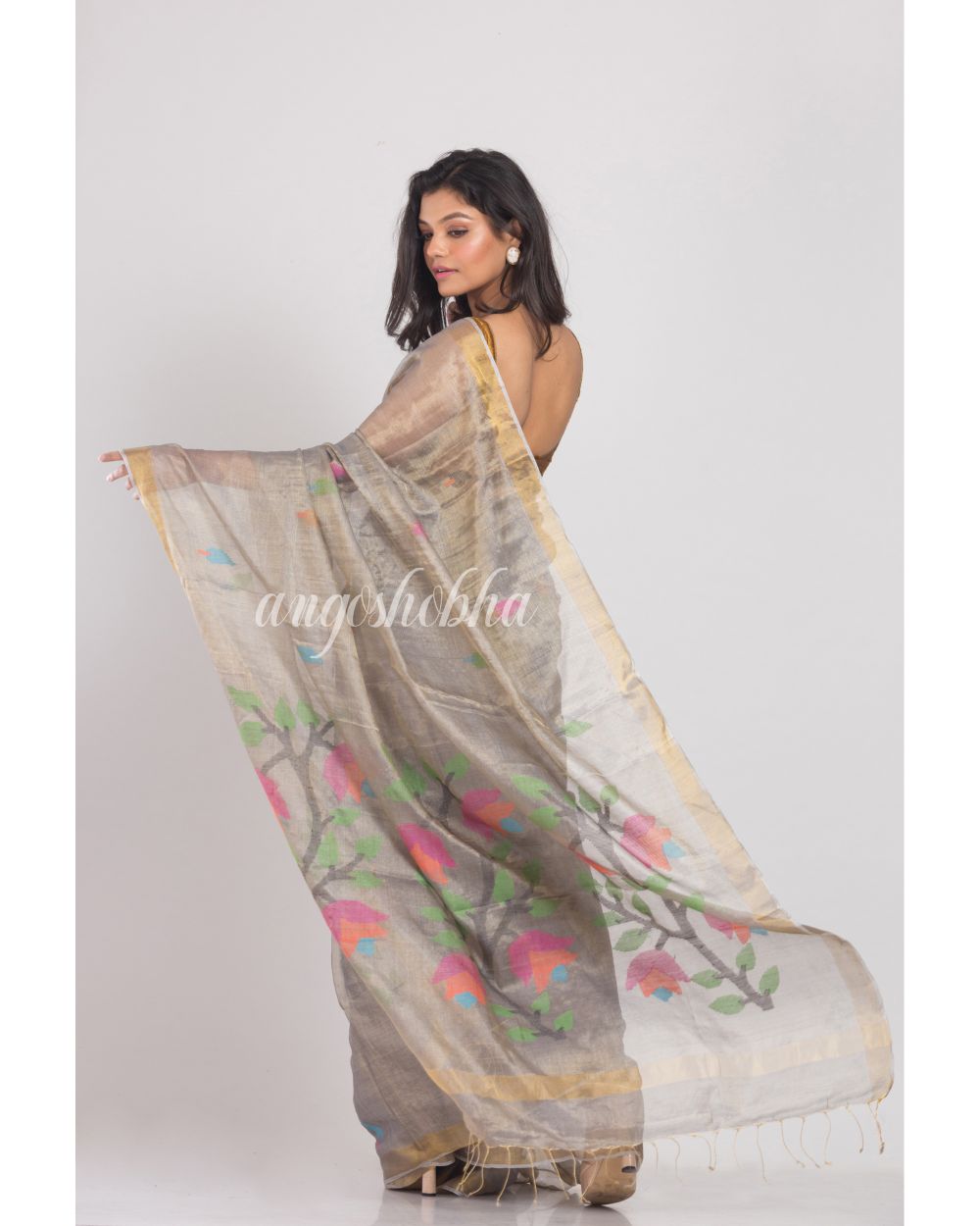 Silver Grey Tussar Silk Jamdani Saree angoshobha