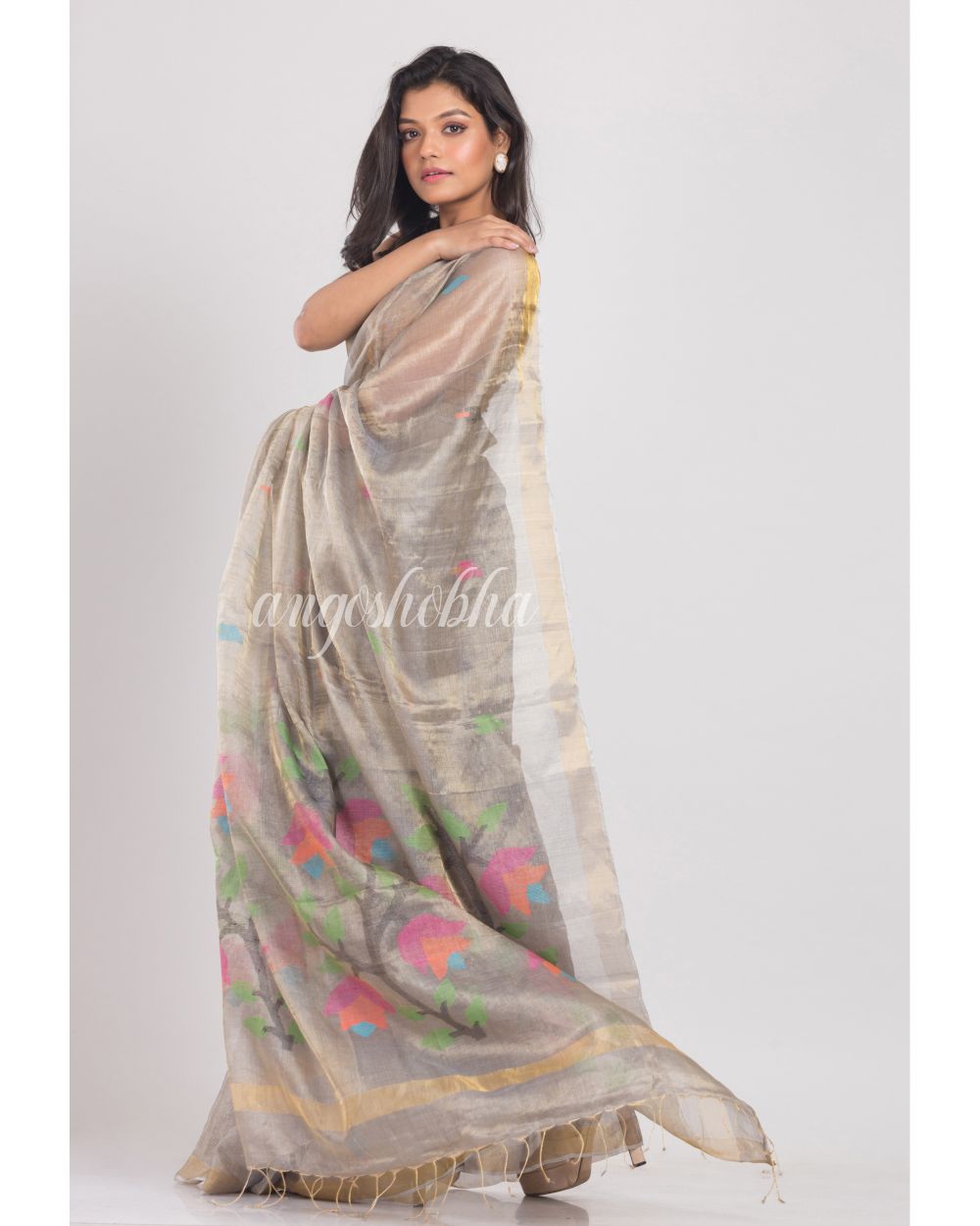Silver Grey Tussar Silk Jamdani Saree angoshobha