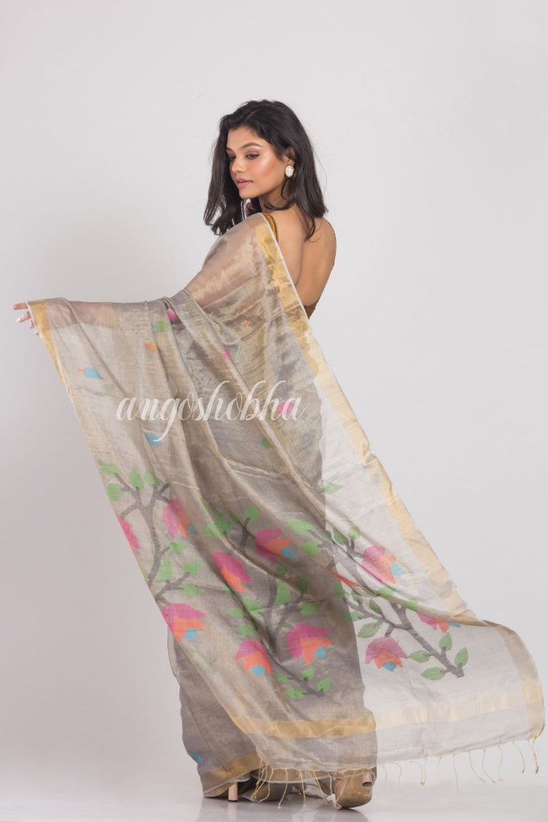 Silver Grey Tussar Silk Jamdani Saree