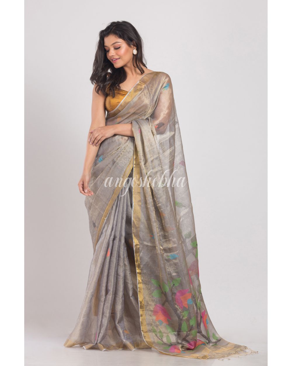 Silver Grey Tussar Silk Jamdani Saree angoshobha