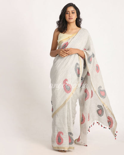 Silver GreyTraditional Handloom Linen Jamdani Saree angoshobha