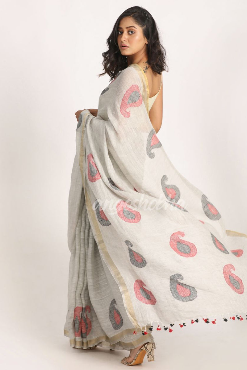 Silver GreyTraditional Handloom Linen Jamdani Saree