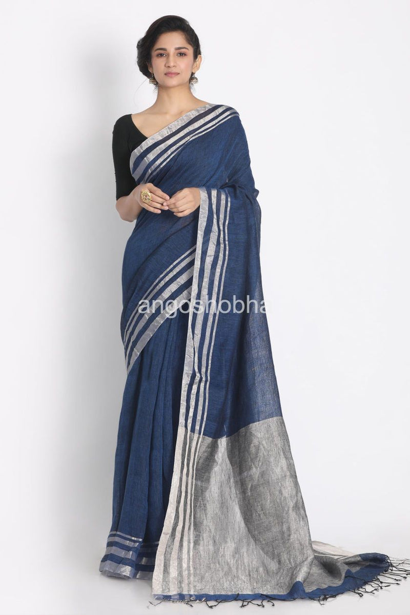 Silver Zari Border Blue Linen Saree