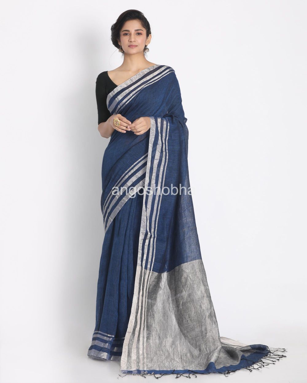 Silver Zari Border Blue Linen Saree angoshobha