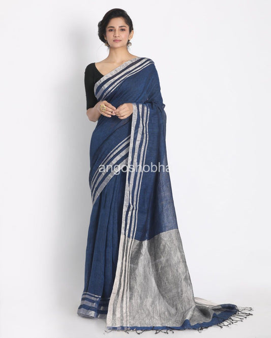 Silver Zari Border Blue Linen Saree angoshobha