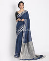 Silver Zari Border Blue Linen Saree