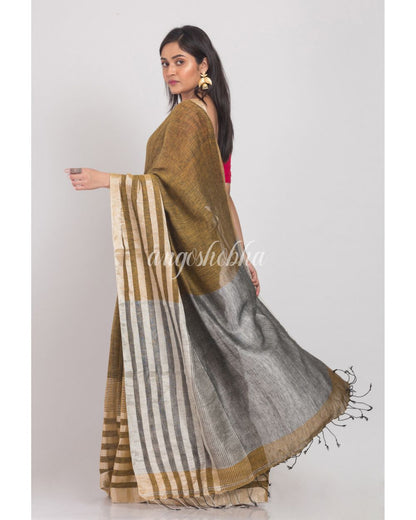 Silver Zari Border Golden Handloom Linen Saree angoshobha