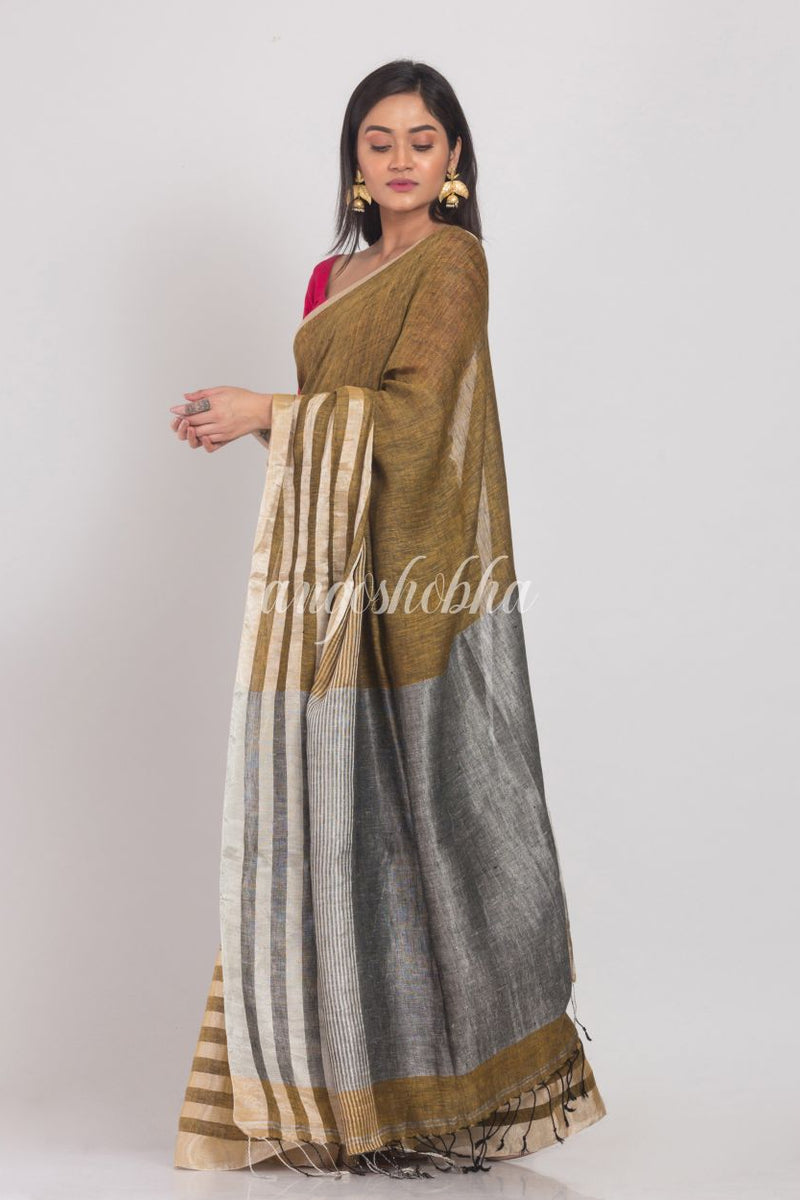 Silver Zari Border Golden Handloom Linen Saree