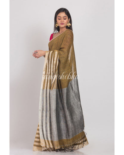 Silver Zari Border Golden Handloom Linen Saree angoshobha