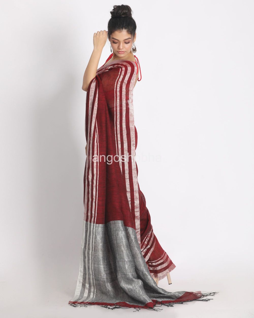 Silver Zari Border Maroon Linen Saree angoshobha