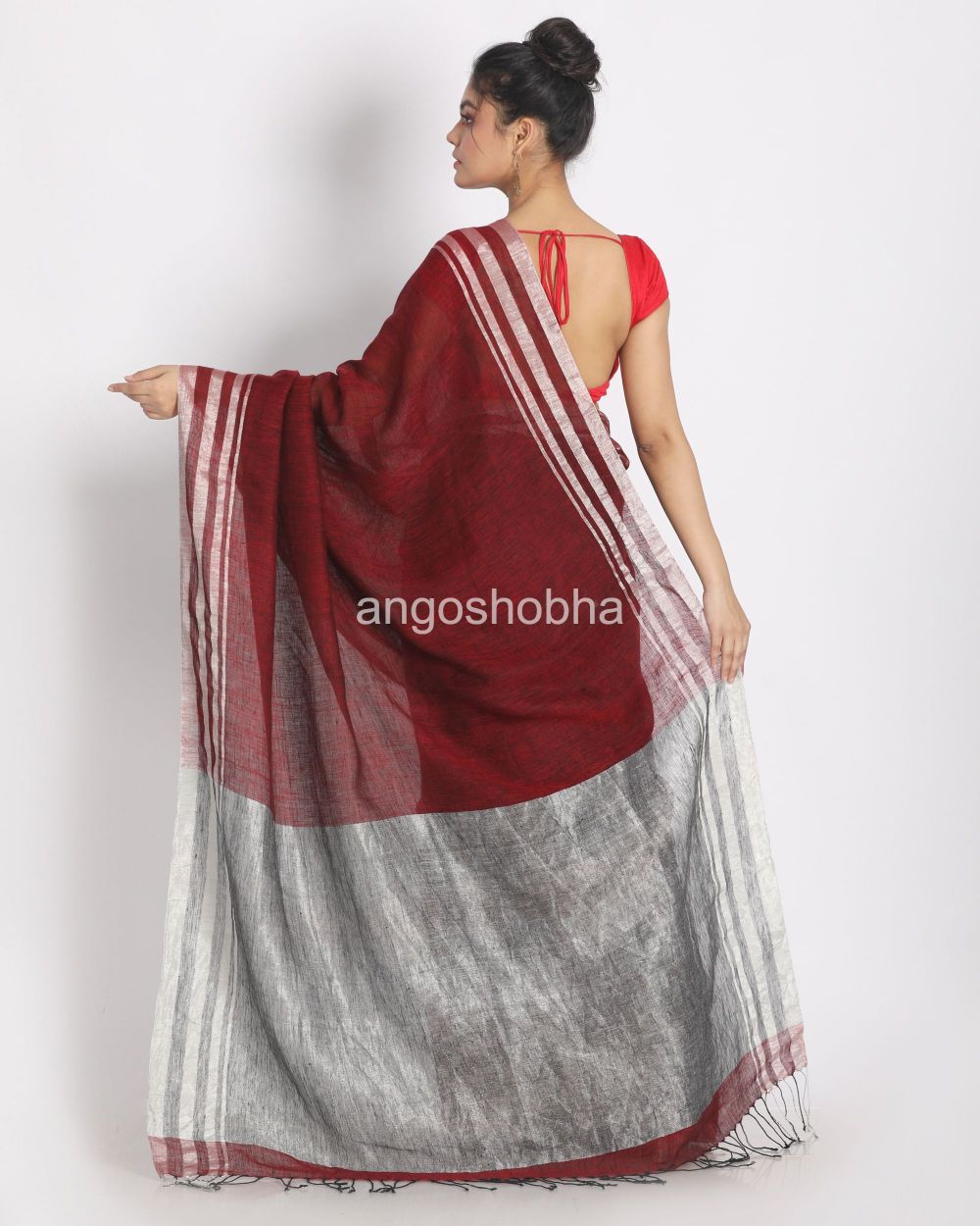Silver Zari Border Maroon Linen Saree angoshobha