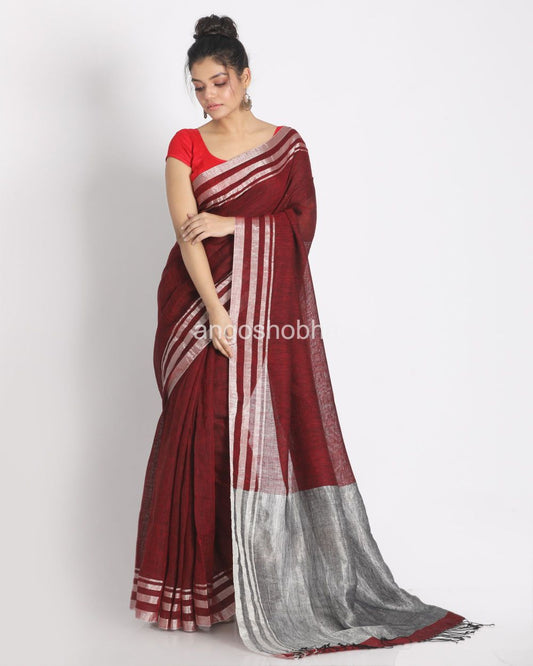 Silver Zari Border Maroon Linen Saree angoshobha