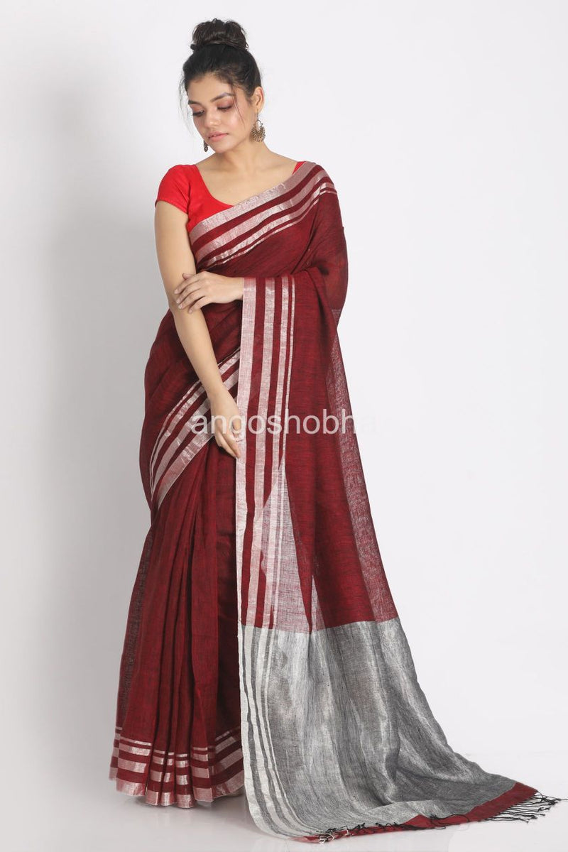 Silver Zari Border Maroon Linen Saree