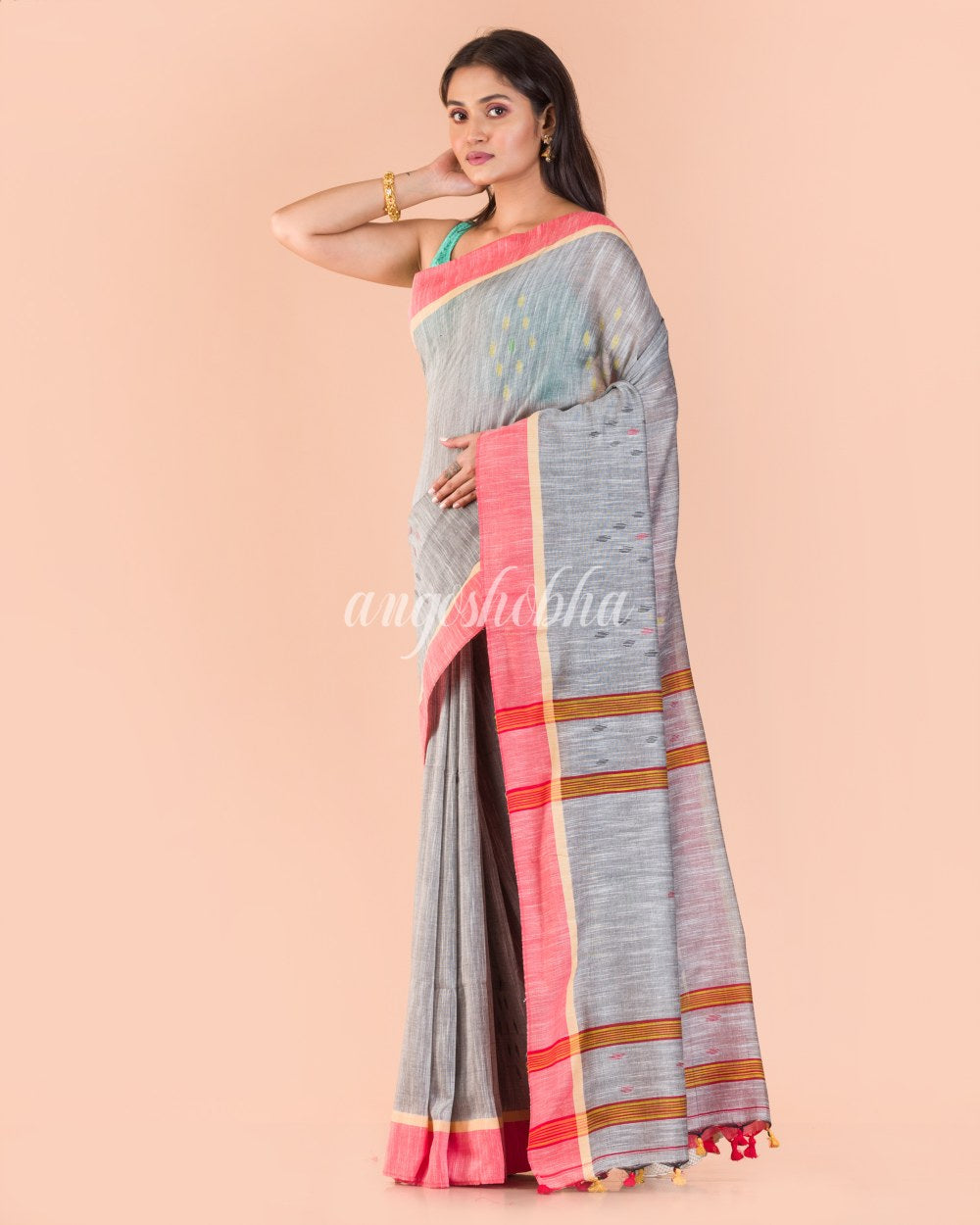 Silver grey Cotton Jamdani saree angoshobha