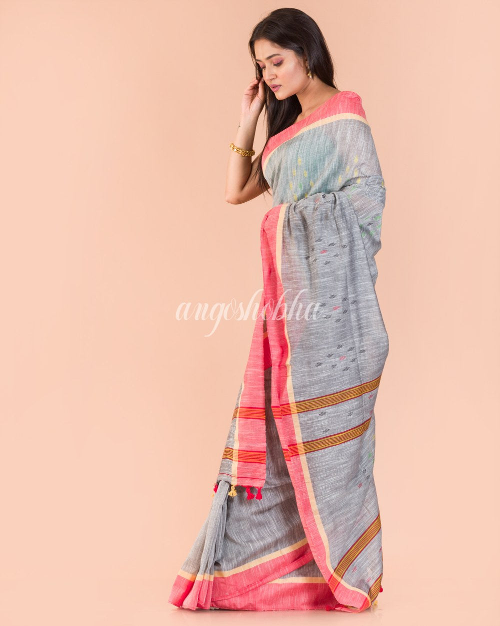 Silver grey Cotton Jamdani saree angoshobha