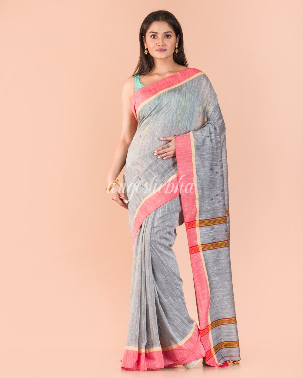 Silver grey Cotton Jamdani saree angoshobha