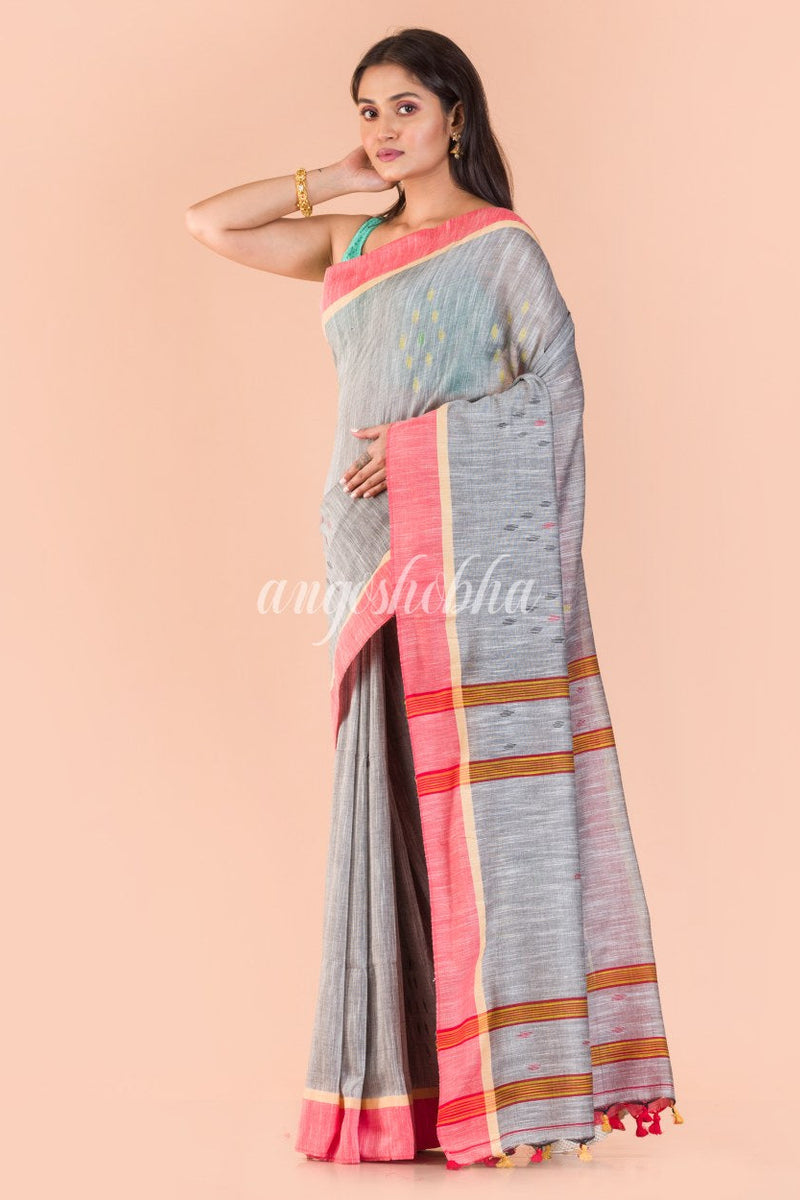 Silver grey Cotton Jamdani saree