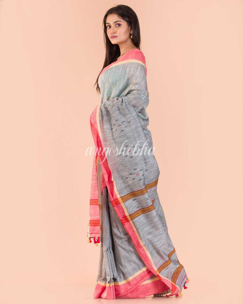 Silver grey Cotton Jamdani saree angoshobha