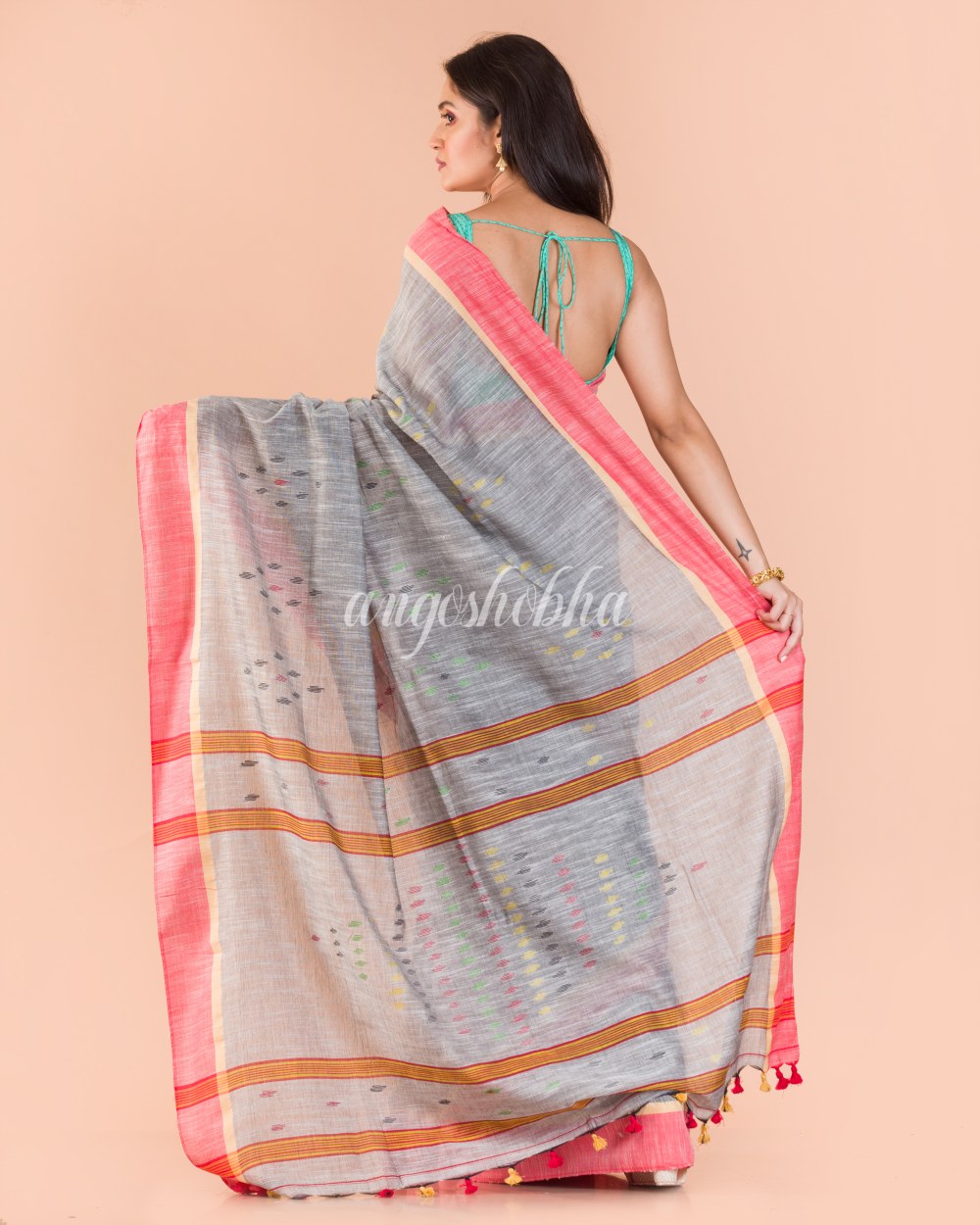 Silver grey Cotton Jamdani saree angoshobha