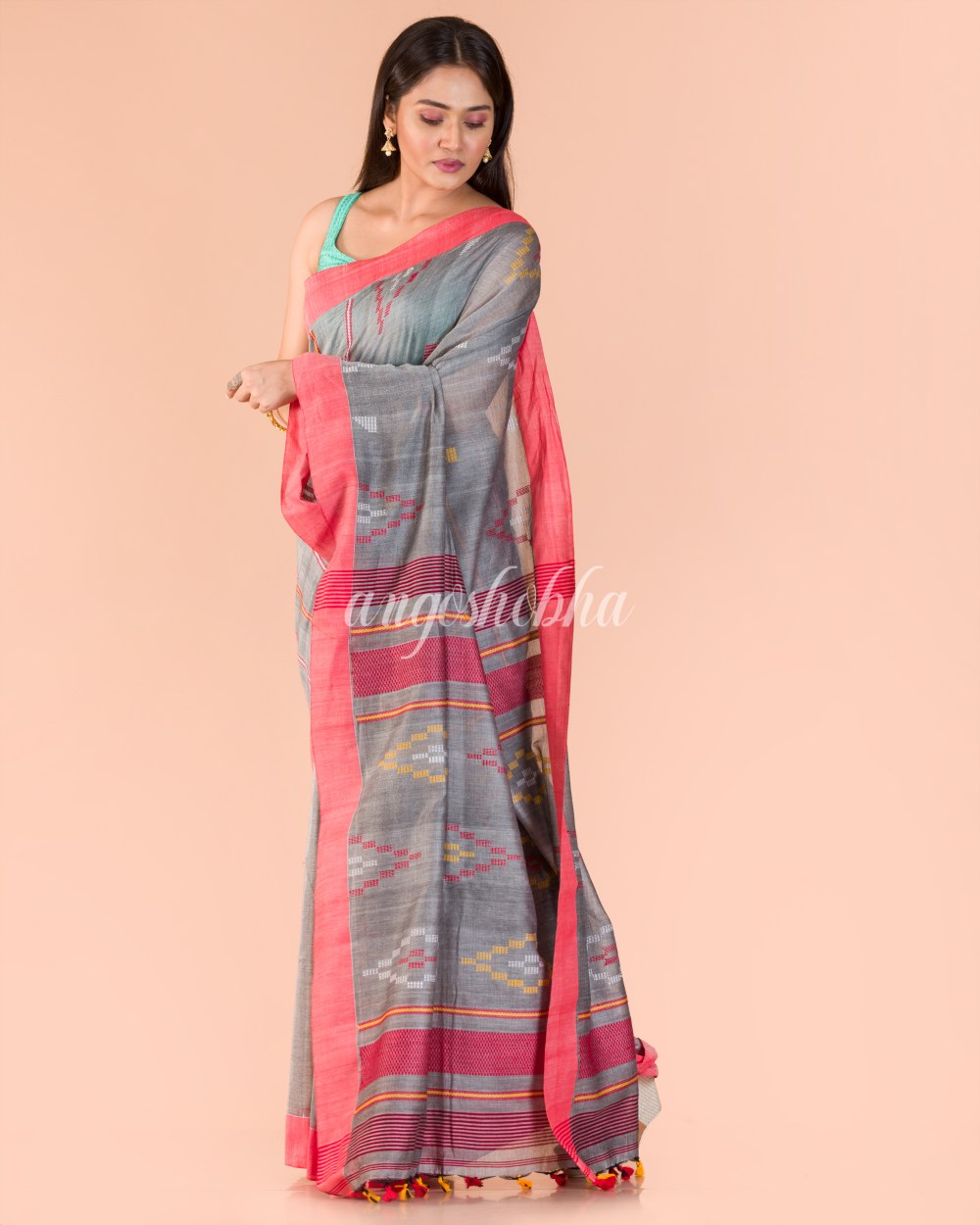 Silver grey Handwoven Cotton Jamdani Saree angoshobha