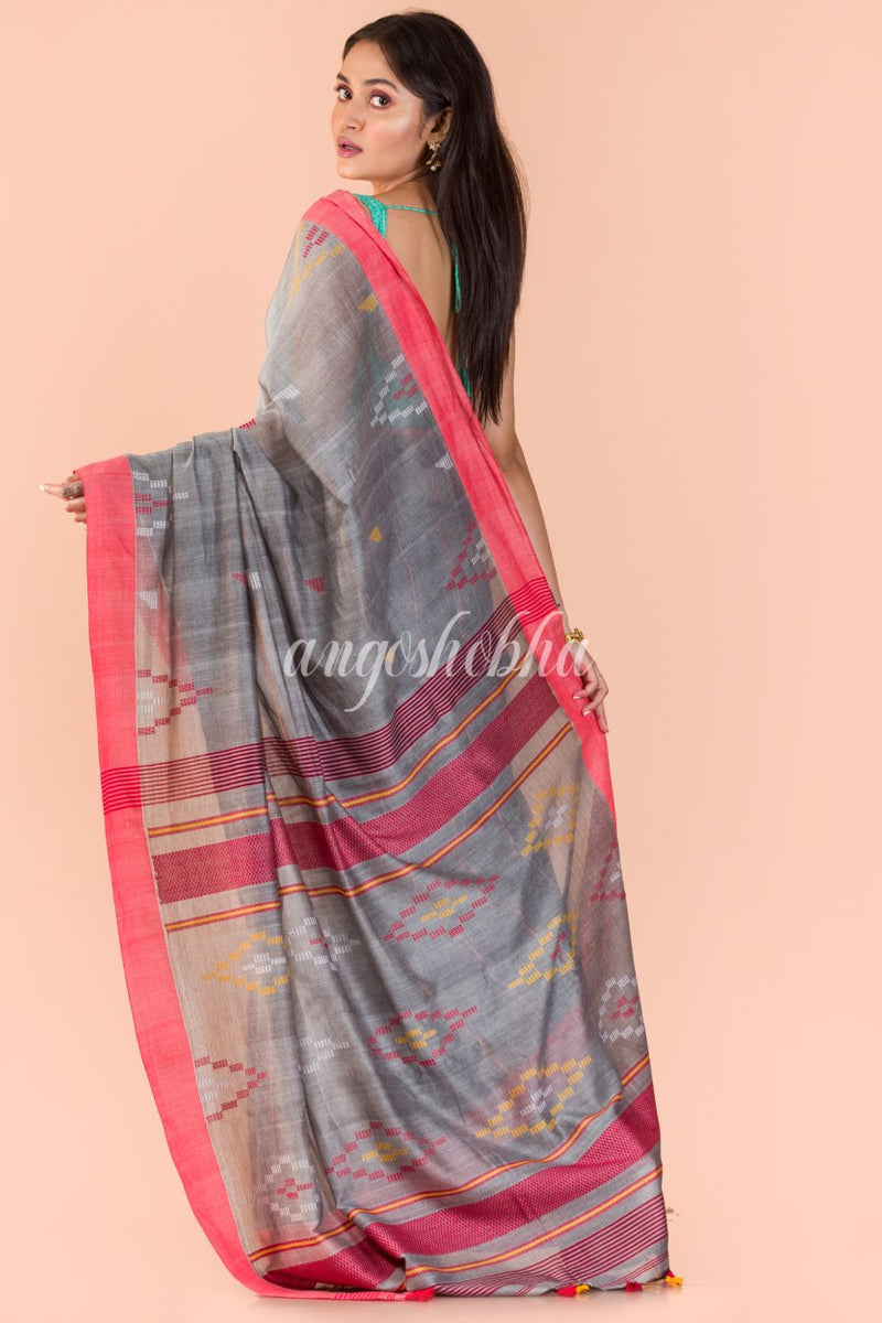 Silver grey Handwoven Cotton Jamdani Saree