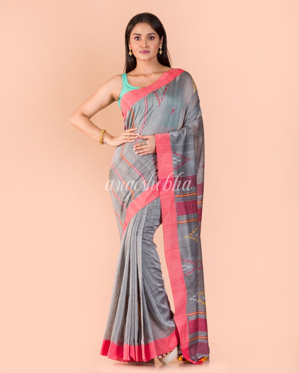 Silver grey Handwoven Cotton Jamdani Saree angoshobha
