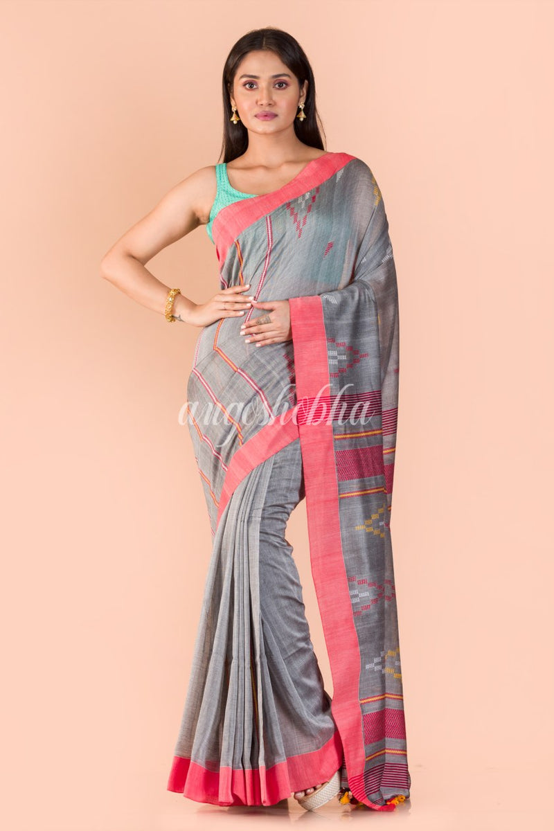 Silver grey Handwoven Cotton Jamdani Saree