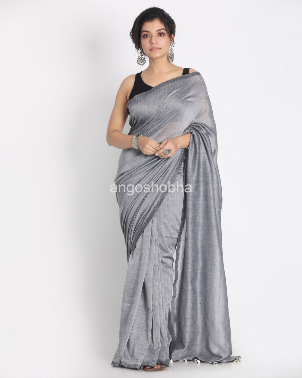 Silver grey handspan cotton handwoven saree angoshobha