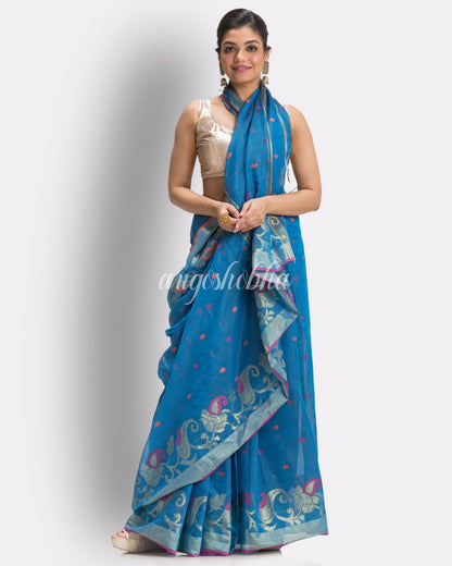 Sky Blue Cotton Blend Handloom Tangail Saree angoshobha