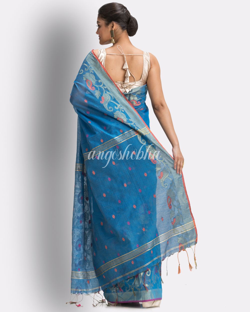 Sky Blue Cotton Blend Handloom Tangail Saree back angoshobha