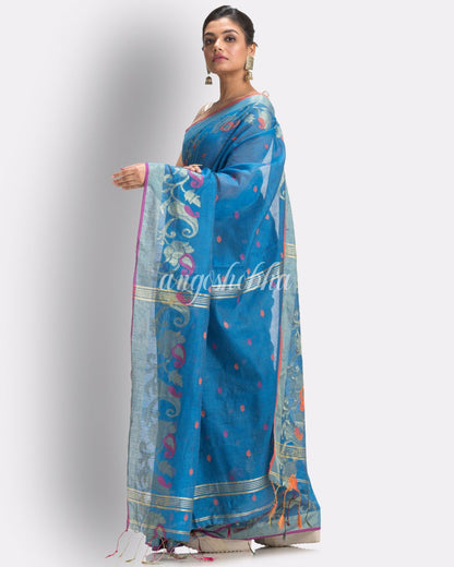 Sky Blue Cotton Blend Handloom Tangail Saree angoshobha