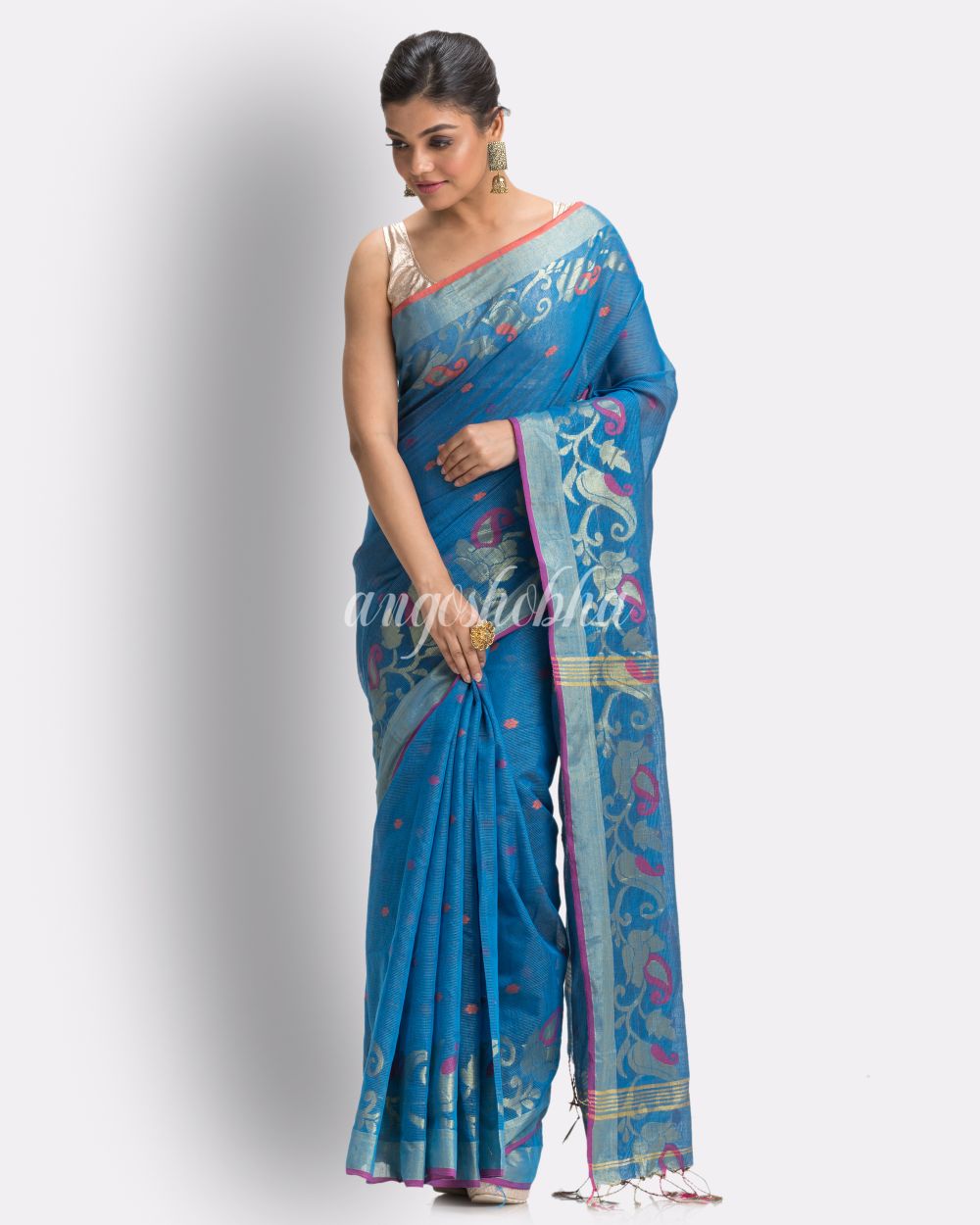 Sky Blue Cotton Blend Handloom Tangail Saree angoshobha