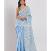 Skyblue Linen Saree With Silver Zari Pallu And Border angoshobha