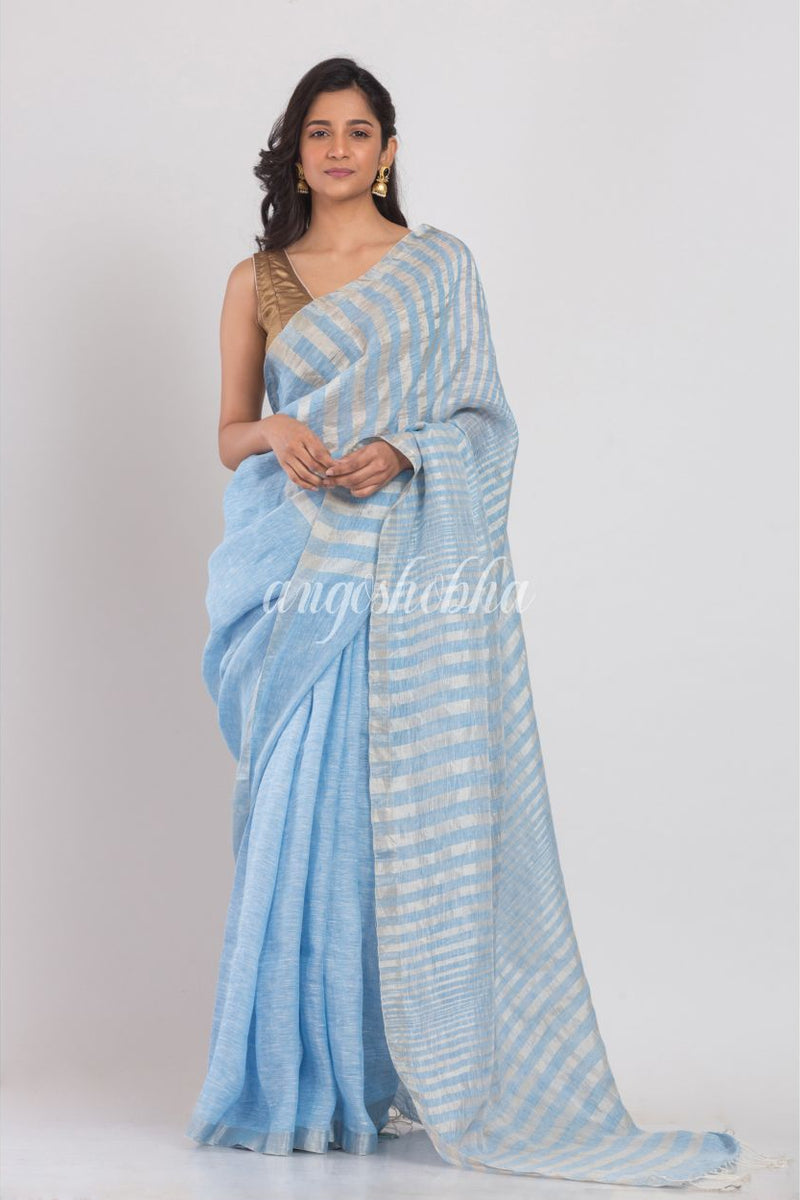Skyblue Linen Saree With Silver Zari Pallu And Border