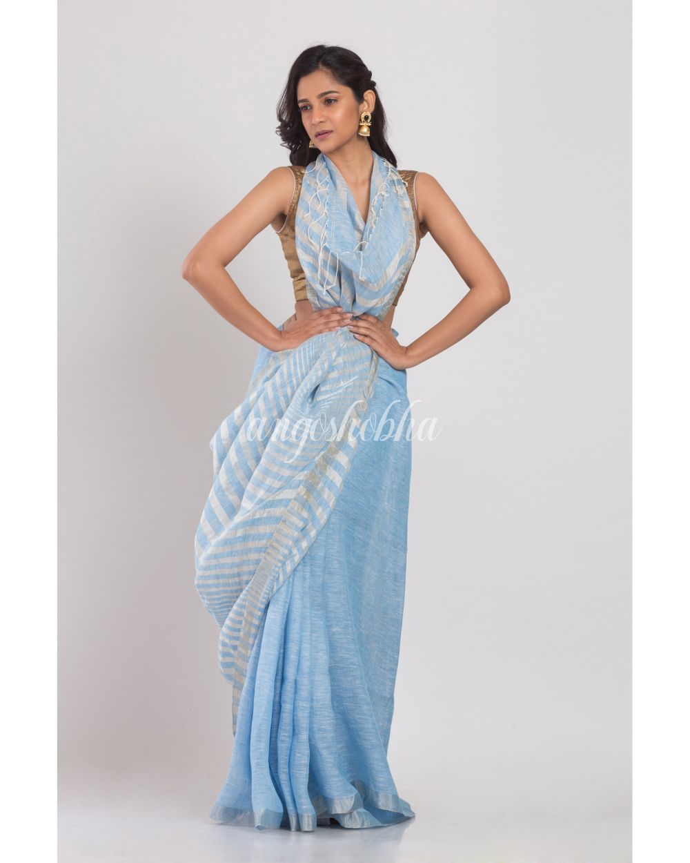 Skyblue Linen Saree With Silver Zari Pallu And Border angoshobha