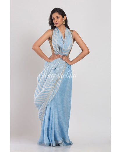 Skyblue Linen Saree With Silver Zari Pallu And Border angoshobha