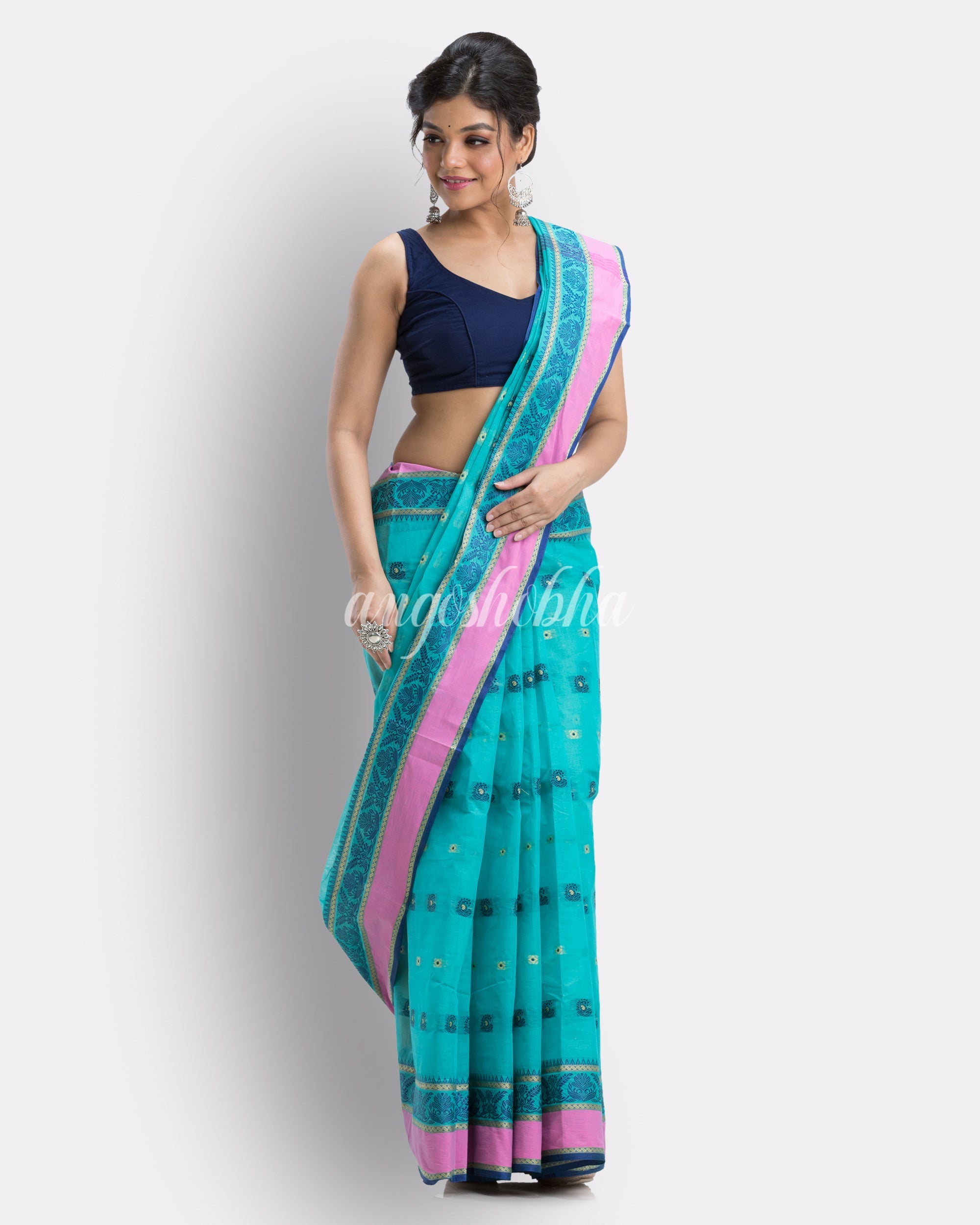 Skyblue Woven Design Pure Cotton Handwoven Tant Saree angoshobha