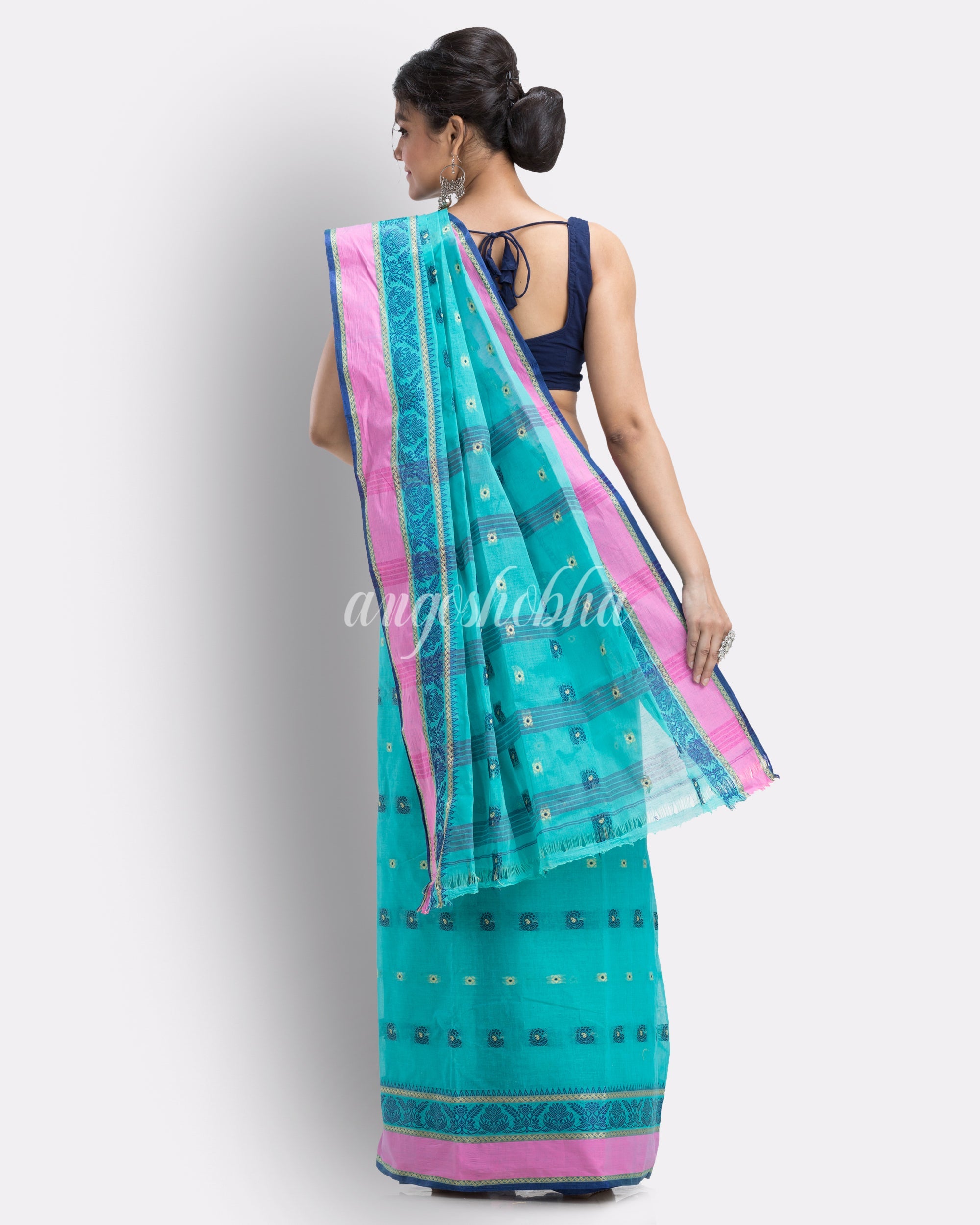 Skyblue Woven Design Pure Cotton Handwoven Tant Saree angoshobha
