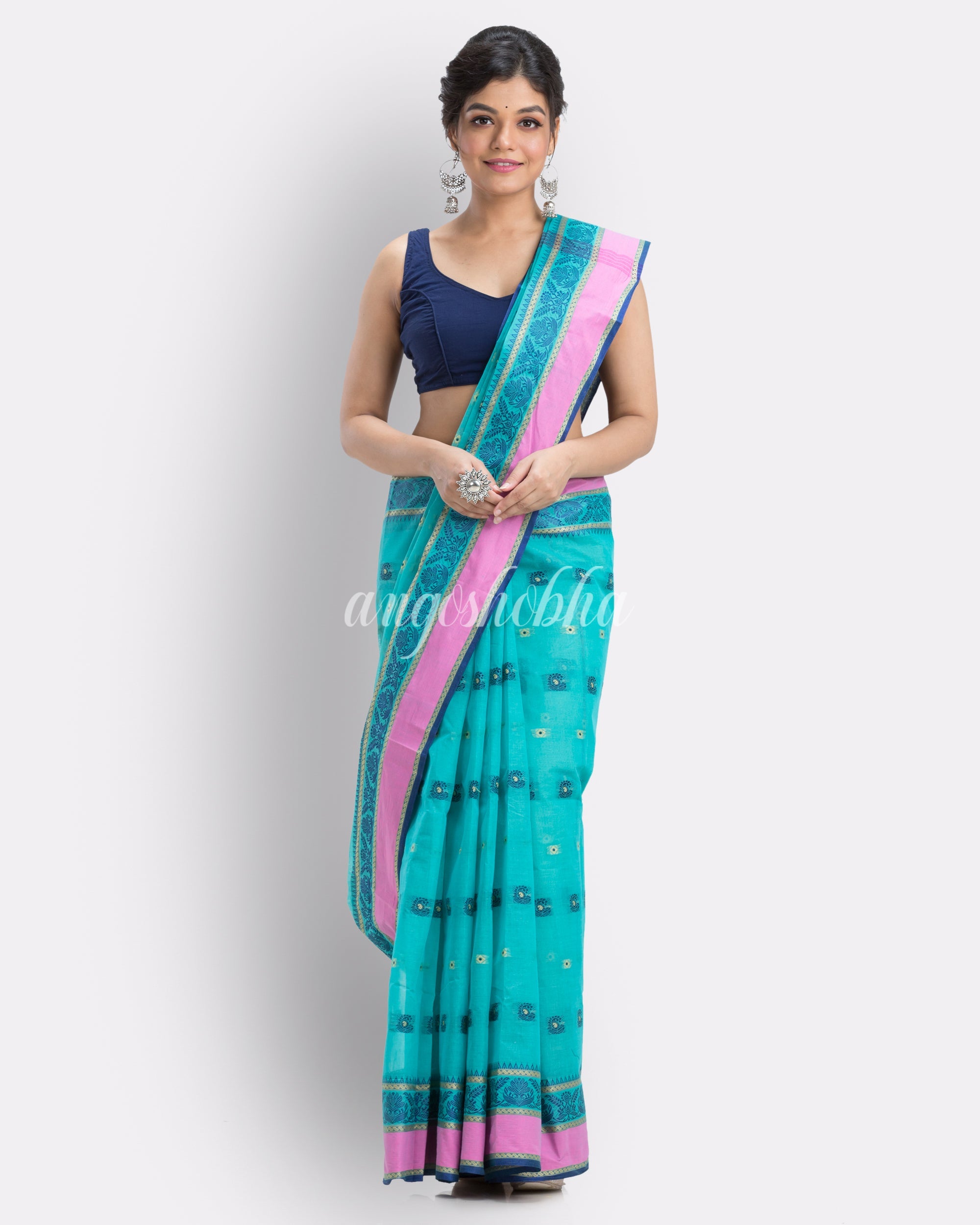 Skyblue Woven Design Pure Cotton Handwoven Tant Saree angoshobha