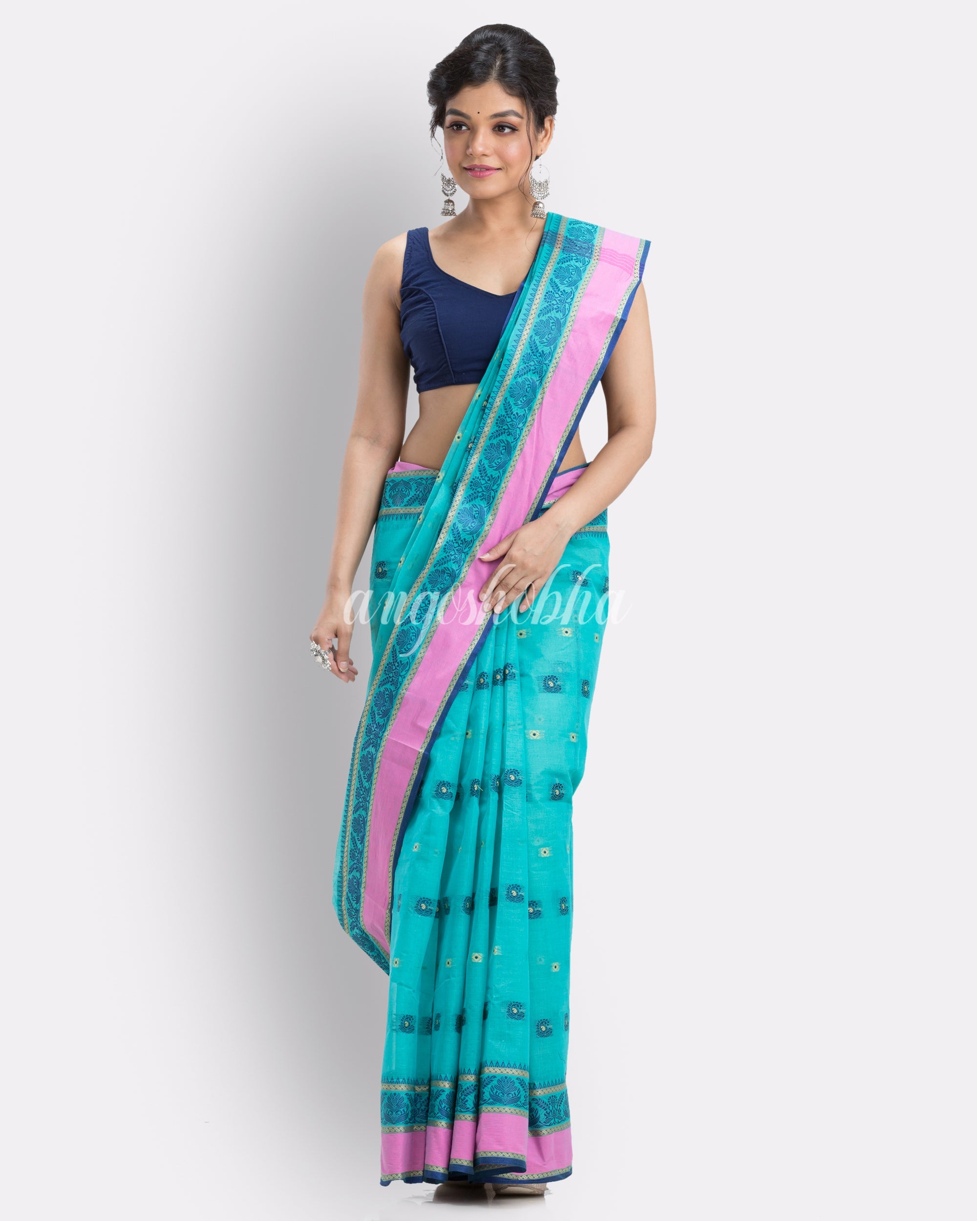 Skyblue Woven Design Pure Cotton Handwoven Tant Saree angoshobha