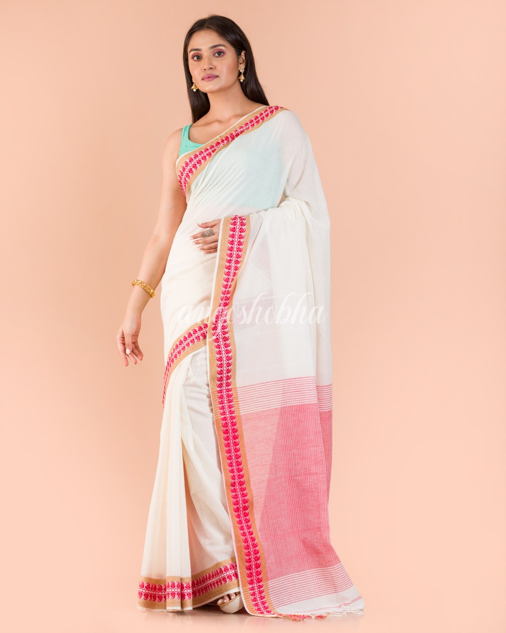 Soft Cream Cotton Tangail Saree angoshobha