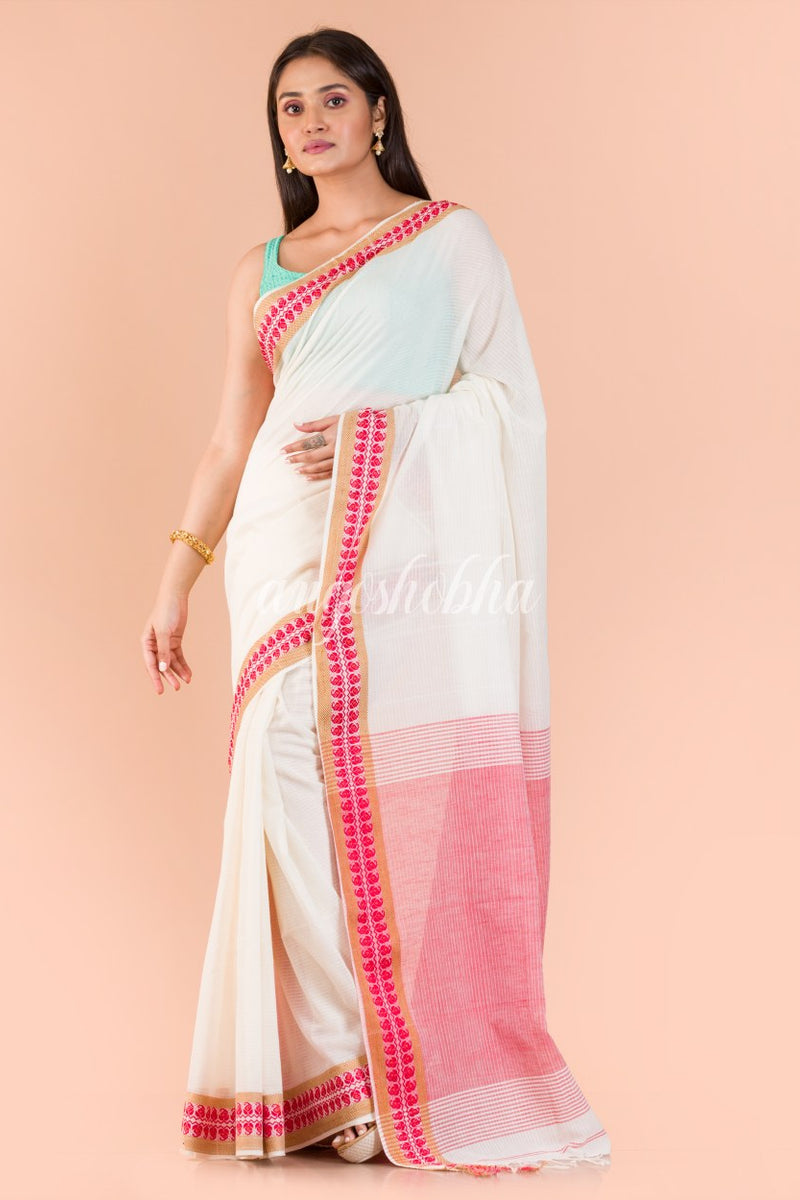 Soft Cream Cotton Tangail Saree