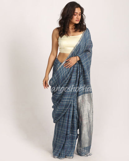 Steel Blue Traditional Handloom Check Linen Saree angoshobha